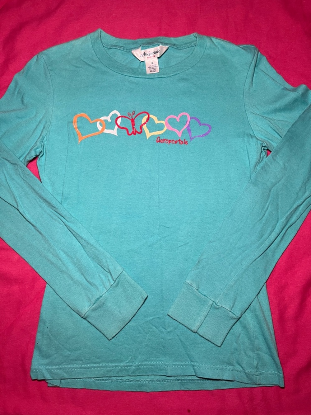Women’s Vintage Teal y2k Aeropostale Glitter Hearts Baby Tee Size Medium